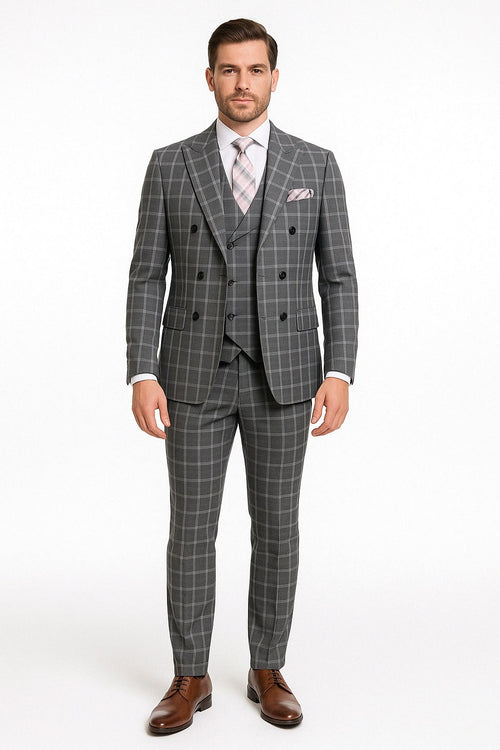 Men’s Gray Checkered 3 Piece Double-Breasted Suit – Slim Fit Formal Outfit - Vested Glend Plaid Pattern Checkered