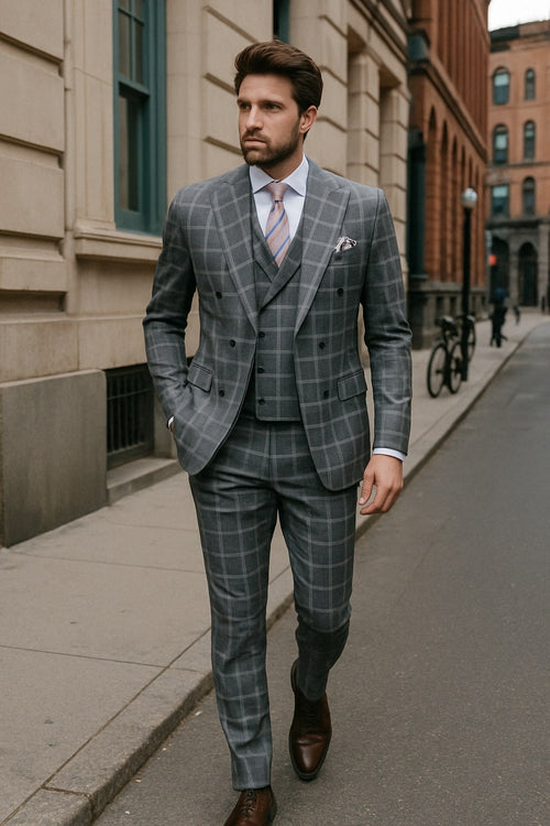 Men’s Gray Checkered 3 Piece Double-Breasted Suit – Slim Fit Formal Outfit - Vested Glend Plaid Pattern Checkered