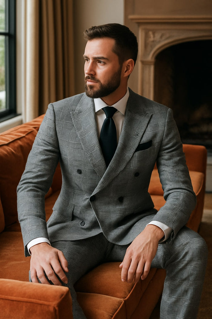 Men's Grey Glen Plaid Double-Breasted Suit - Classic Prince of Wales Check Two-Piece Set By Rossiman USA Men's Outlet