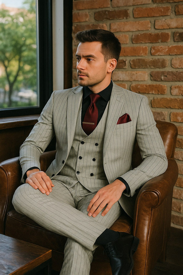 Men's Grey and Black Pinstripe Three-Piece Suit 1920s Suit Gangster Stripe Vintage Look by USA Men's Outlet