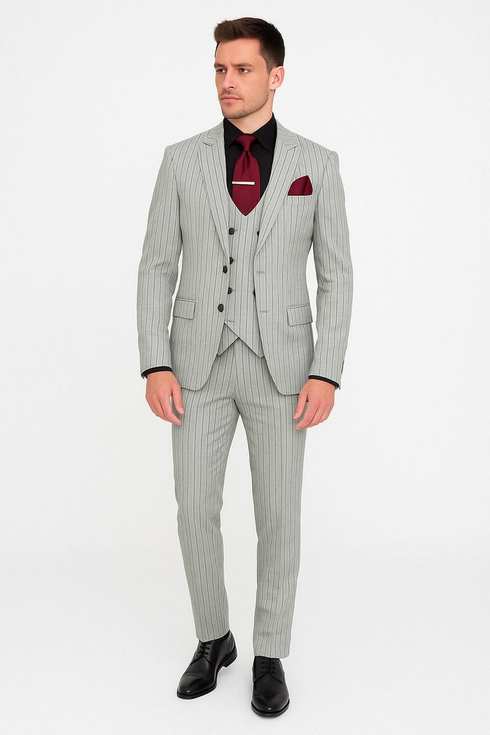 Men's Grey and Black Pinstripe Three-Piece Suit 1920s Suit Gangster Stripe Vintage Look by USA Men's Outlet