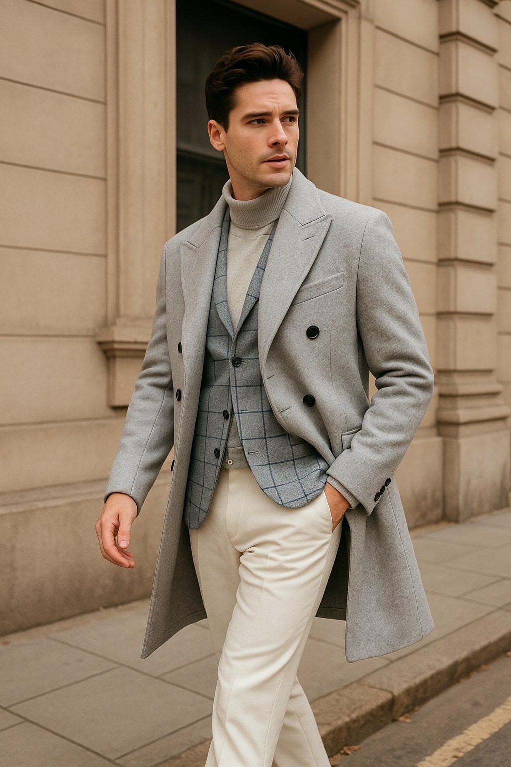 Men's Light Gray Double-Breasted Overcoat with Windowpane Vest - 3-Piece Wool Fabric By Alberto Nardoni USA Men's Outlet