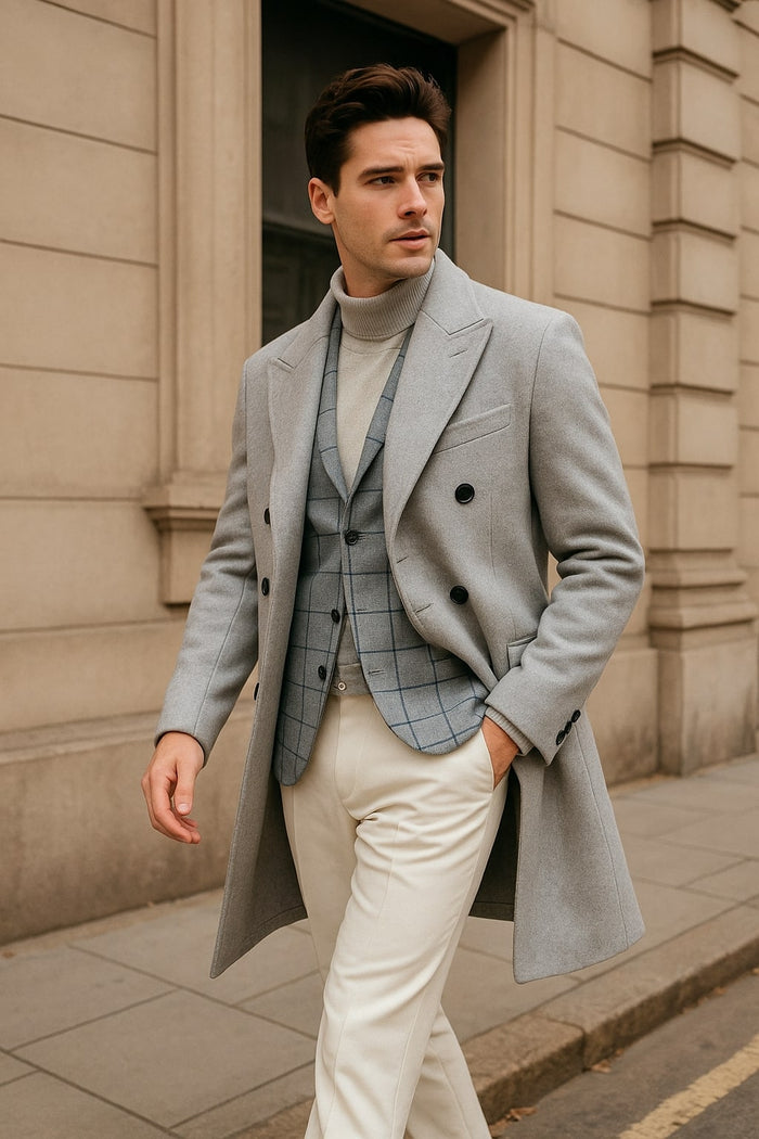 Men's Light Gray Double-Breasted Overcoat with Windowpane Vest - 3-Piece Wool Fabric By Alberto Nardoni USA Men's Outlet