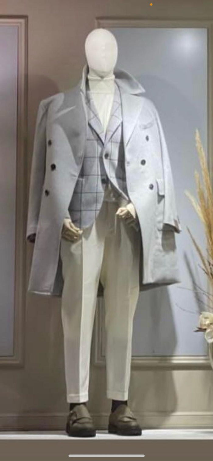 Men's Light Gray Double-Breasted Overcoat with Windowpane Vest - 3-Piece Wool Fabric By Alberto Nardoni USA Men's Outlet