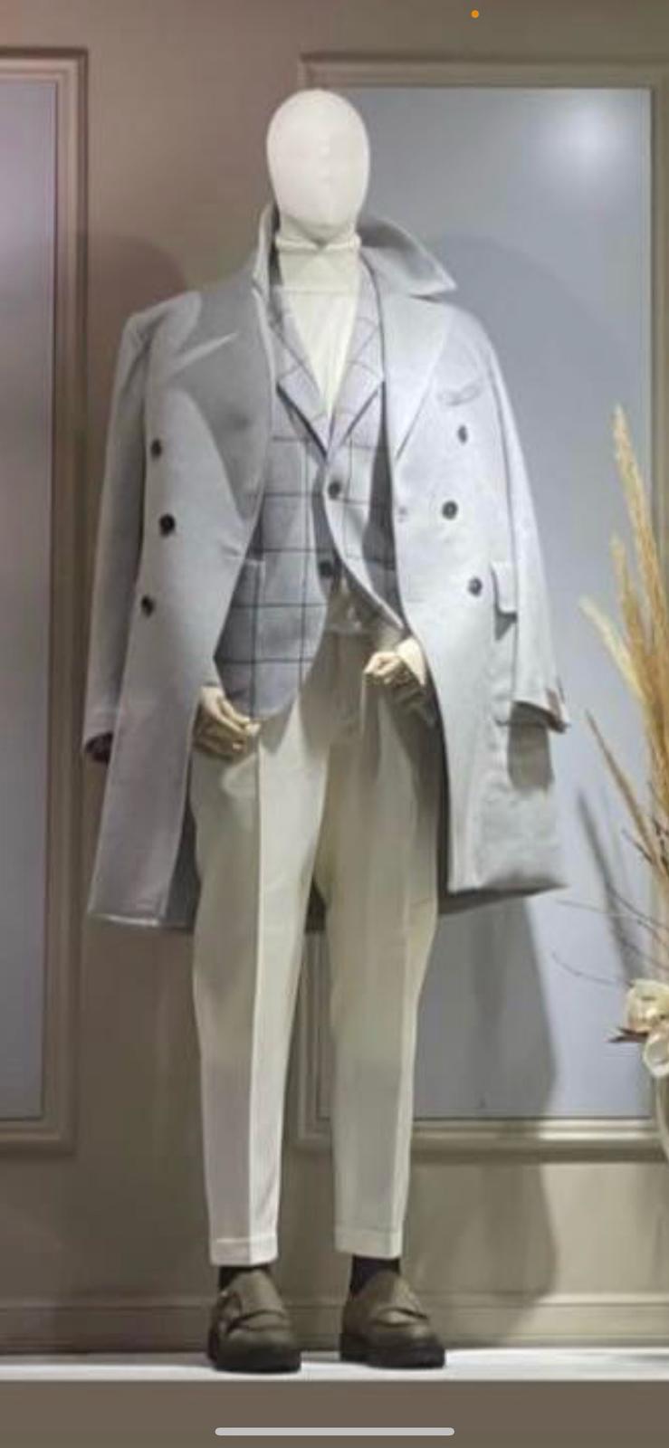 Men's Light Gray Double-Breasted Overcoat with Windowpane Vest - 3-Piece Wool Fabric By Alberto Nardoni USA Men's Outlet