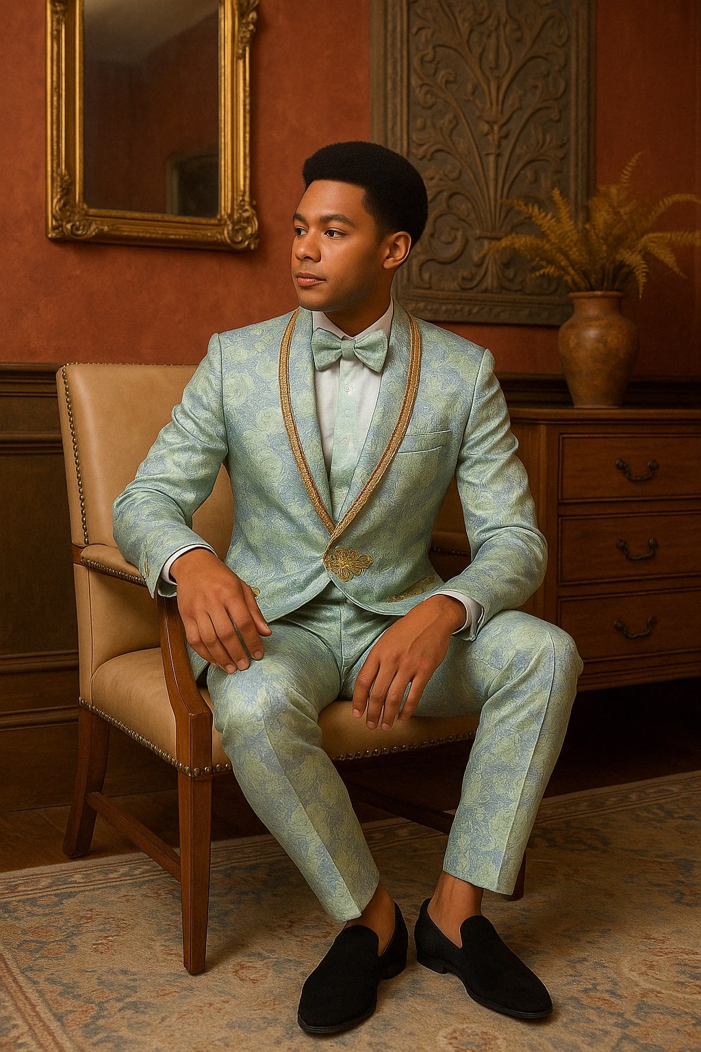 Men's Mint Green - Sage and Gold Trim Collar Floral Brocade Blazer with Gold Embellishments Prom Suit