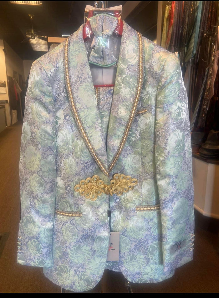 Men's Mint Green - Sage and Gold Trim Collar Floral Brocade Blazer with Gold Embellishments Prom Suit USA Men's Outlet
