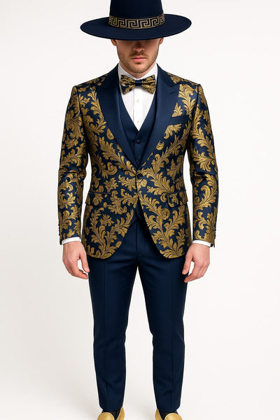 Men's Navy Blue and Gold Baroque Tuxedo Suit with Matching Vest and Bow Tie - Luxury Formalwear