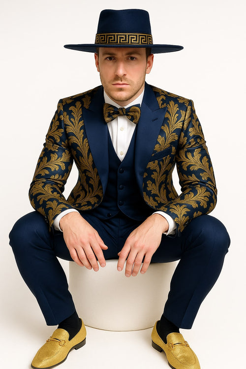 Men's Navy Blue and Gold Baroque Tuxedo Suit with Matching Vest and Bow Tie - Luxury Formalwear