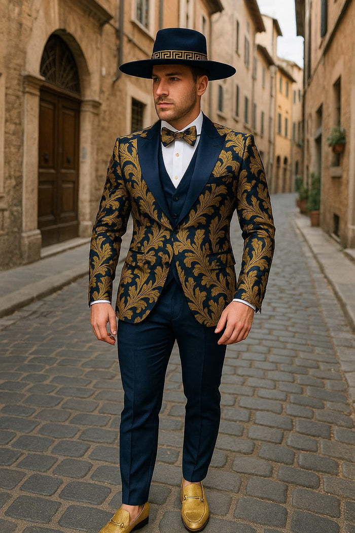 Men's Navy Blue and Gold Baroque Tuxedo Suit with Matching Vest and Bow Tie - Luxury Formalwear by USA Men's Outlet