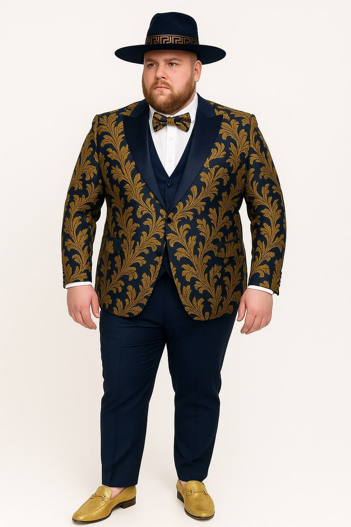 Men's Navy Blue and Gold Baroque Tuxedo Suit with Matching Vest and Bow Tie - Luxury Formalwear by USA Men's Outlet