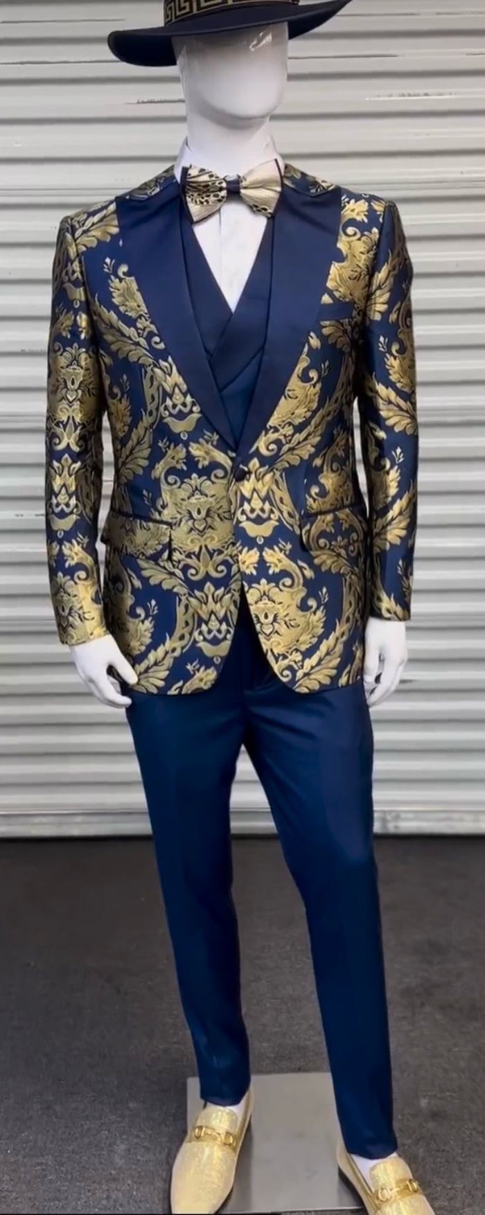 Men's Navy Blue and Gold Baroque Tuxedo Suit with Matching Vest and Bow Tie - Luxury Formalwear by USA Men's Outlet