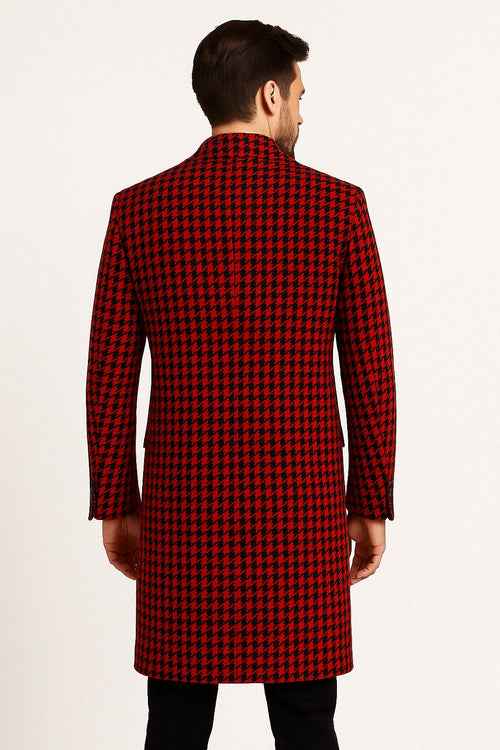 Men’s Red and Black Houndstooth Overcoat - Classic Wool Long Coat - Christmas Tartan Coat by USA Men's Outlet