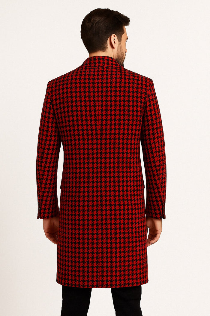 Men’s Red and Black Houndstooth Overcoat - Classic Wool Long Coat - Christmas Tartan Coat by USA Men's Outlet