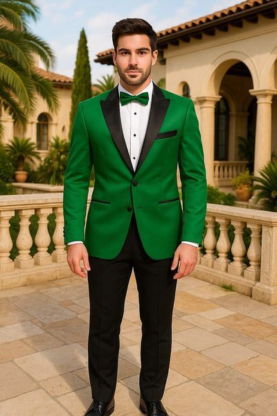 Men's Sateen Emerlad Green Tuxedo Jacket with Black Satin Lapel and Bow Tie – Slim Fit Prom and Party Blazer