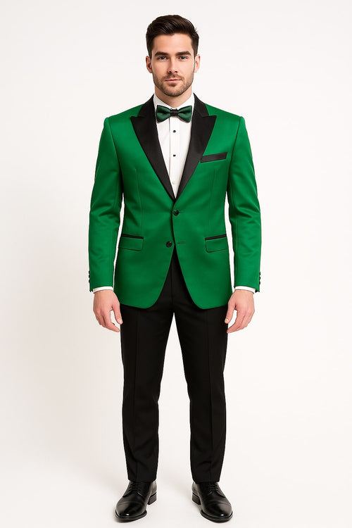 Men's Sateen Emerlad Green Tuxedo Jacket with Black Satin Lapel and Bow Tie - Slim Fit Prom and Party Blazer by USA Men's Outlet