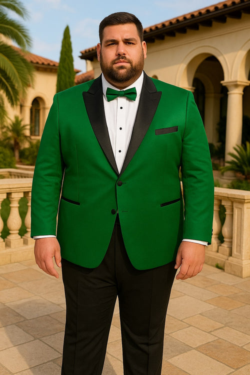 Men's Sateen Emerlad Green Tuxedo Jacket with Black Satin Lapel and Bow Tie – Slim Fit Prom and Party Blazer