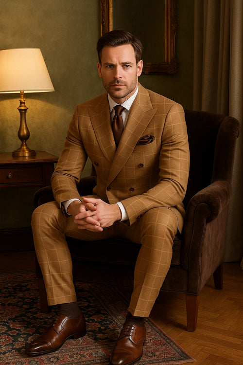 Men's Tan Plaid Double-Breasted Suit - Classic Windowpane Two-Piece Formal Suit - Camel Color Suit By Rossiman USA Men's Outlet