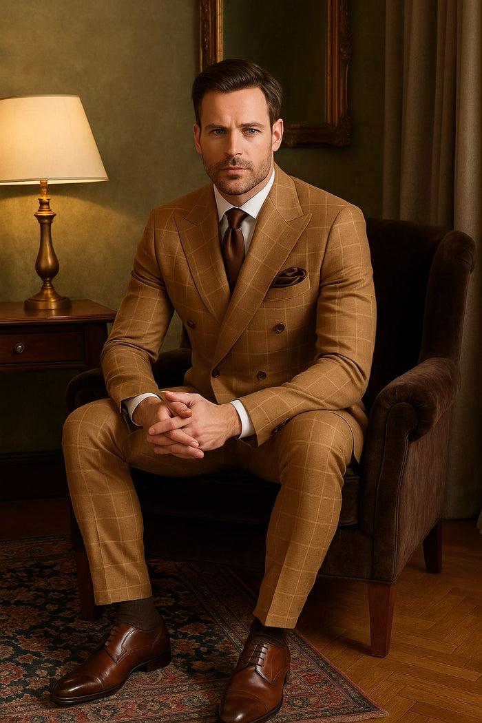 Men's Tan Plaid Double-Breasted Suit - Classic Windowpane Two-Piece Formal Suit - Camel Color Suit By Rossiman USA Men's Outlet
