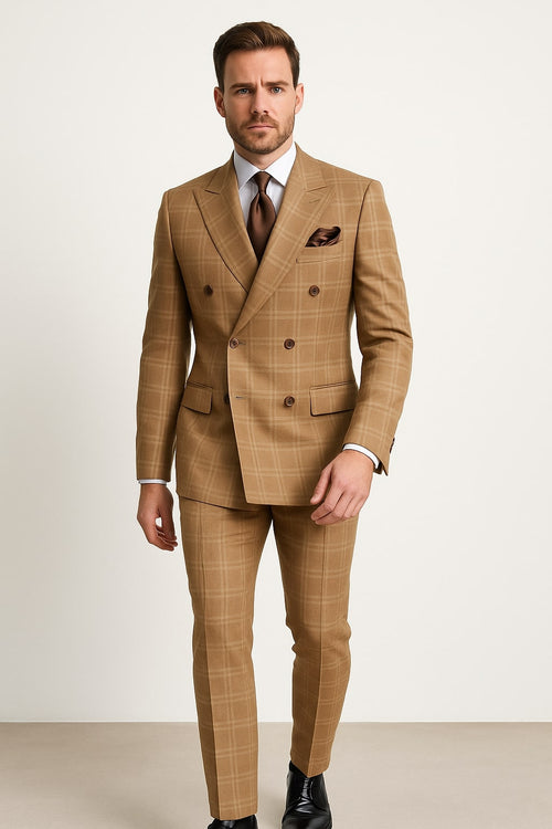 Men's Tan Plaid Double-Breasted Suit - Classic Windowpane Two-Piece Formal Suit - Camel Color Suit By Rossiman USA Men's Outlet