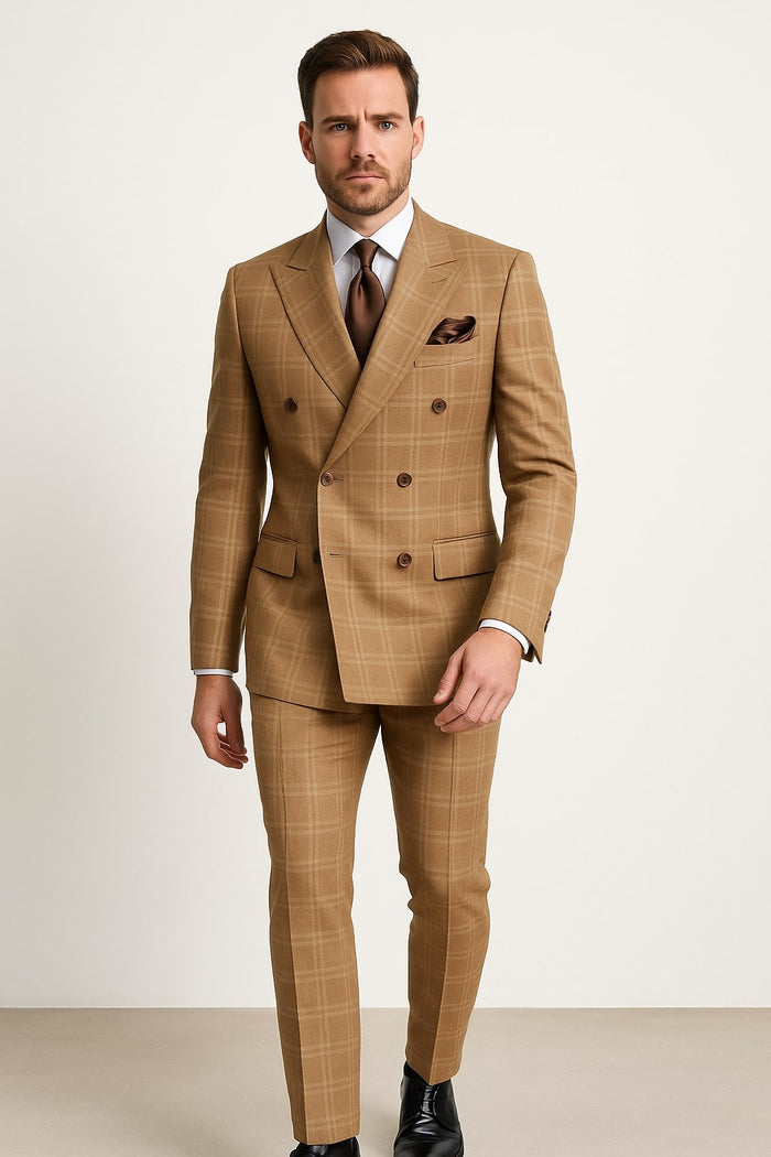 Men's Tan Plaid Double-Breasted Suit - Classic Windowpane Two-Piece Formal Suit - Camel Color Suit By Rossiman USA Men's Outlet