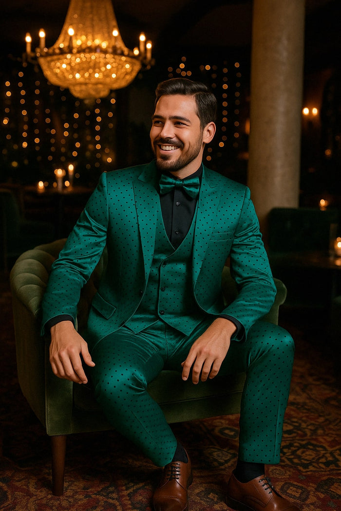 Men's Teal Green Polka Dot Tuxedo with Matching Vest and Bow Tie by USA Men's Outlet