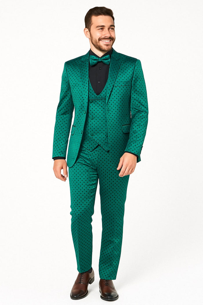 Men's Teal Green Polka Dot Tuxedo with Matching Vest and Bow Tie by USA Men's Outlet