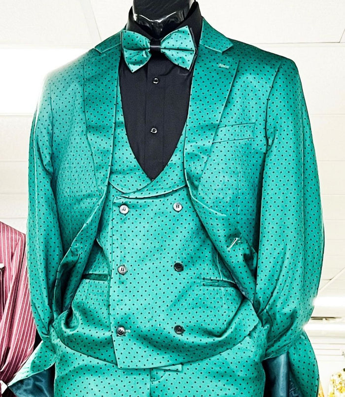 Men's Teal Green Polka Dot Tuxedo with Matching Vest and Bow Tie by USA Men's Outlet