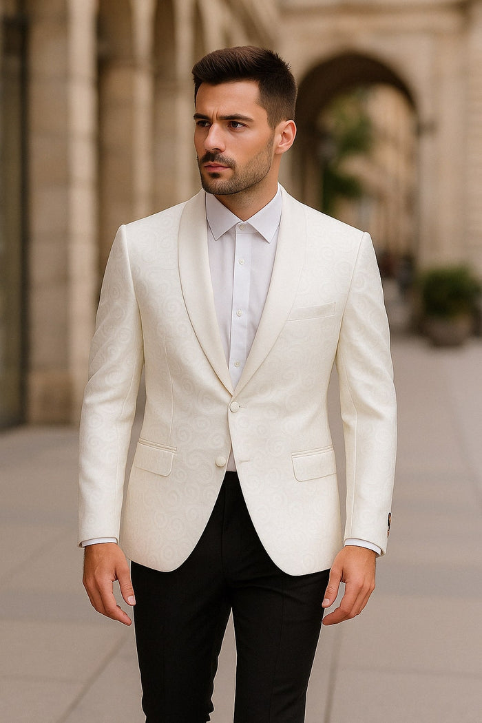 Men’s White Tuxedo Dinner Jacket Swirl Pattern Tuxedo Jacket with White Satin Shawl Lapel - Paisley Pattern - USA Men's Outlet