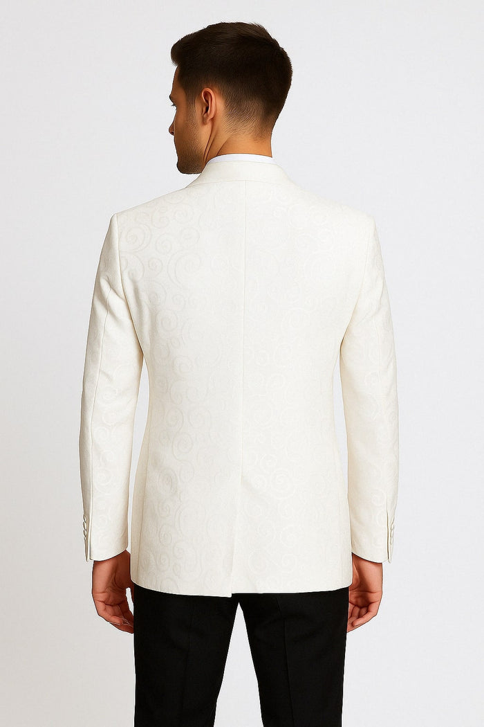 Men’s White Tuxedo Dinner Jacket Swirl Pattern Tuxedo Jacket with White Satin Shawl Lapel - Paisley Pattern - USA Men's Outlet