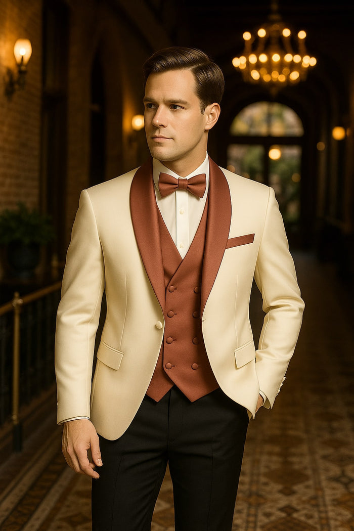 Men's White and Rose Gold Tuxedo with Mauve Satin Vest and Bow Tie - Elegant Formalwear for Weddings and Events by USA Men's Outlet