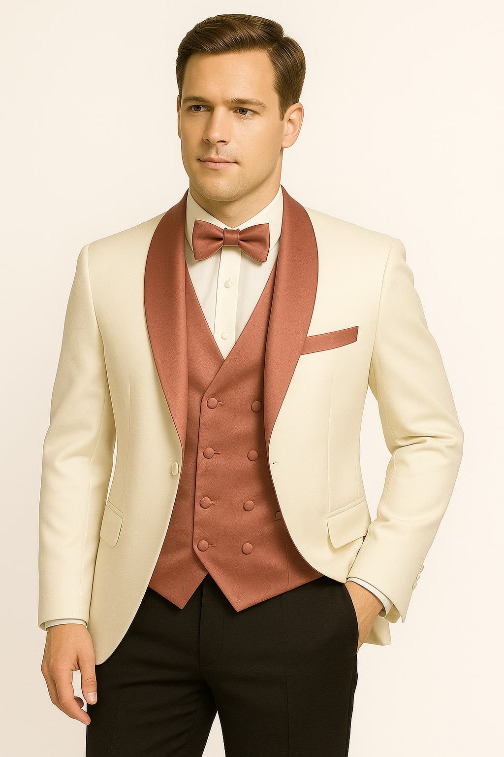 Men's White and Rose Gold Tuxedo with Mauve Satin Vest and Bow Tie – Elegant Formalwear for Weddings and Events