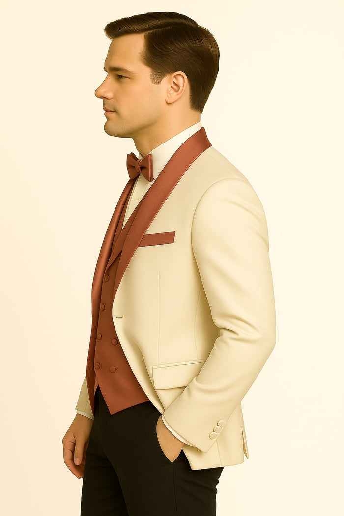 Men's White and Rose Gold Tuxedo with Mauve Satin Vest and Bow Tie - Elegant Formalwear for Weddings and Events by USA Men's Outlet