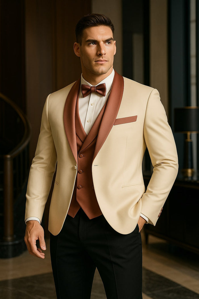 Men's White and Rose Gold Tuxedo with Mauve Satin Vest and Bow Tie - Elegant Formalwear for Weddings and Events by USA Men's Outlet