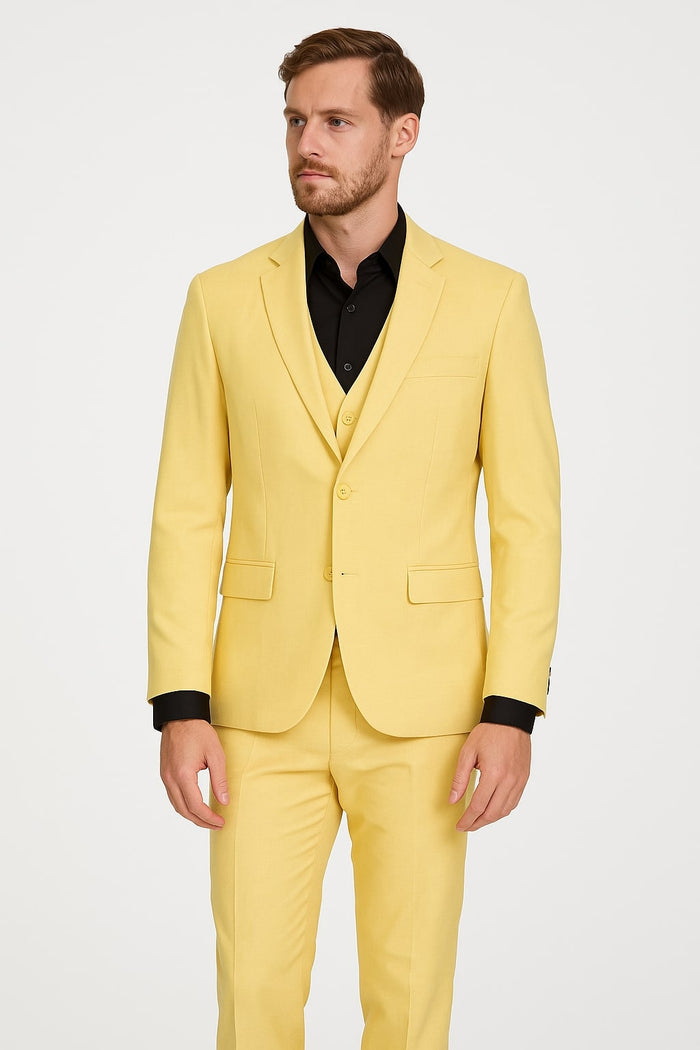 Men's Yellow 3-Piece Suit with Black Dress Shirt - Modern Slim Fit Formal Attire by USA Men's Outlet