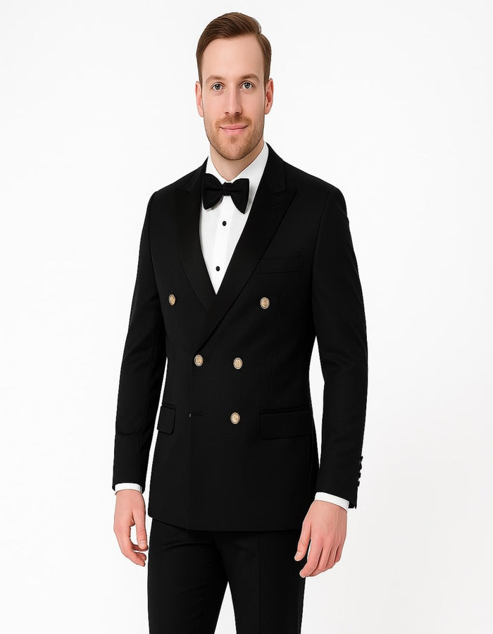 Men’s Black Double-Breasted Tuxedo - Classic Shawl Lapel Suit with Gold Buttons for Weddings, Galas, and Black Tie Events by USA Men's Outlet