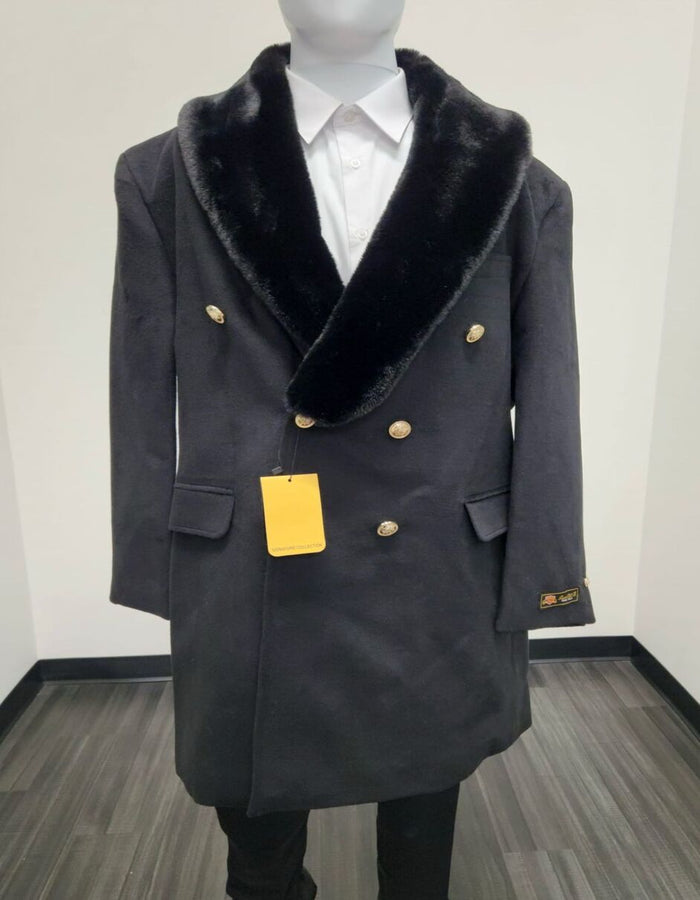 Men’s Black Double-Breasted Overcoat with Faux Fur Collar and Gold Buttons by USA Men's Outlet