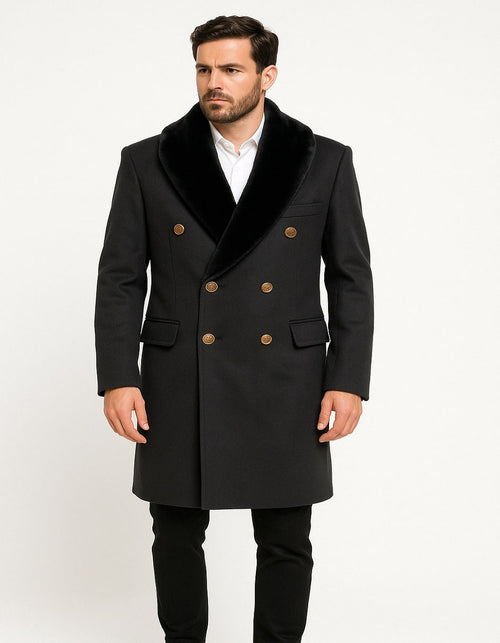 Men’s Black Double-Breasted Overcoat with Faux Fur Collar and Gold Buttons by USA Men's Outlet