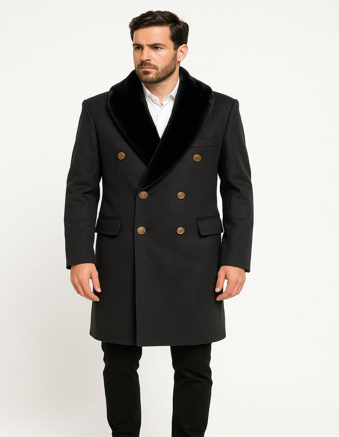Men’s Black Double-Breasted Overcoat with Faux Fur Collar and Gold Buttons by USA Men's Outlet