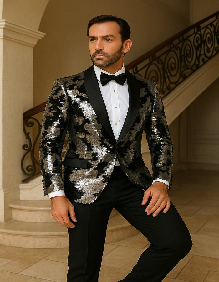 Men's Black and Silver Gray Sequin Tuxedo Blazer With Black Pants by USA Men's Outlet