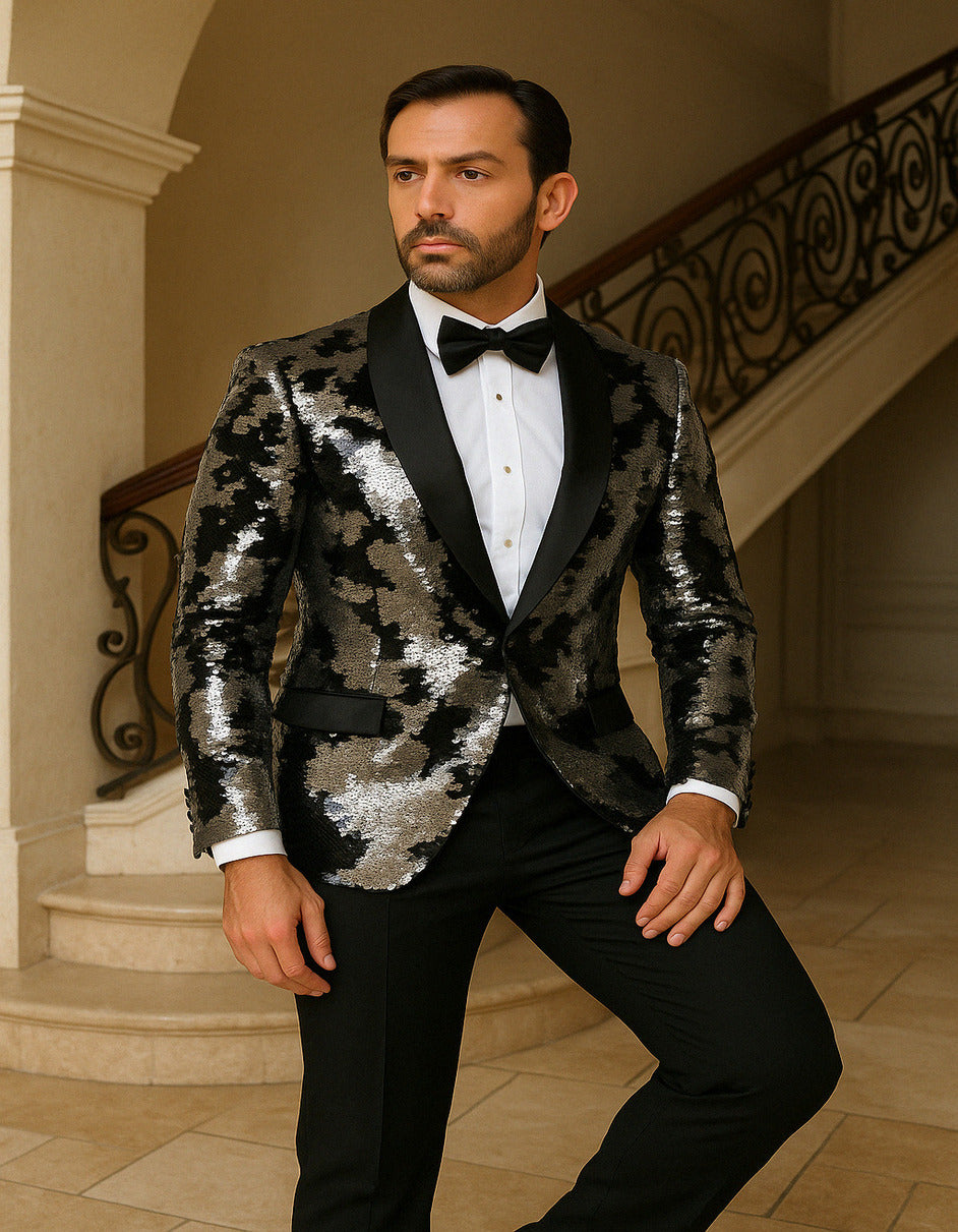 Men's Black and Silver Gray Sequin Tuxedo Blazer With Black Pants