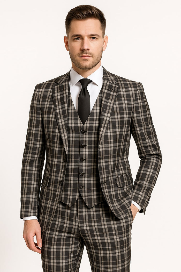 Men's Black and White Plaid Three-Piece Suit - Modern Slim Fit Tuxedo for Church and Business by USA Men's Outlet