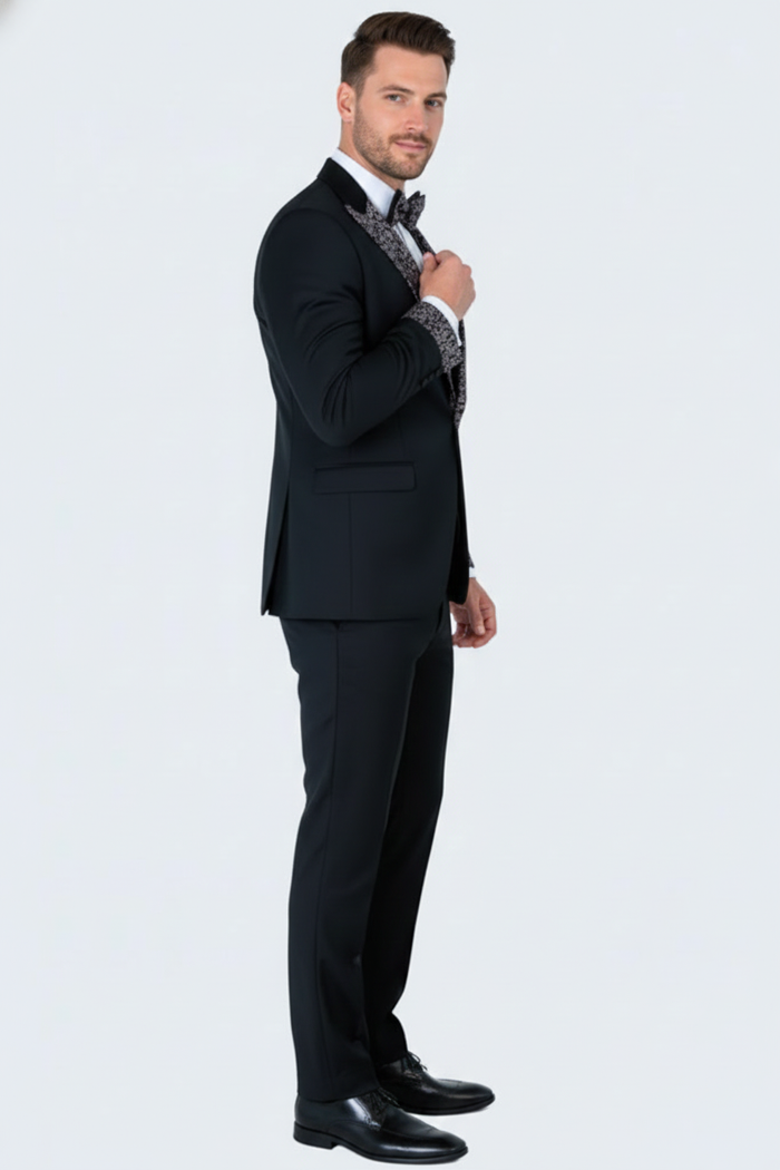 Men's Black and White Silver Embellished Tuxedo Suit + Bowtie 3-Piece Formal Wedding, Prom, and Gala Outfit by USA Men's Outlet