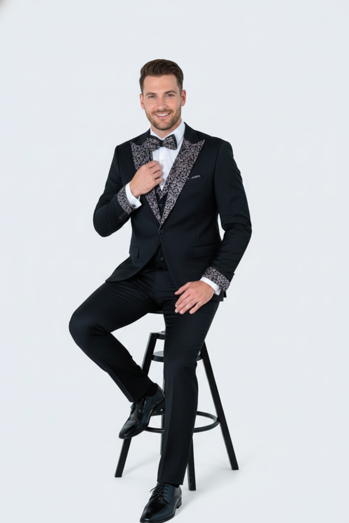 Men's Black and White Silver Embellished Tuxedo Suit + Bowtie 3-Piece Formal Wedding, Prom, and Gala Outfit by USA Men's Outlet