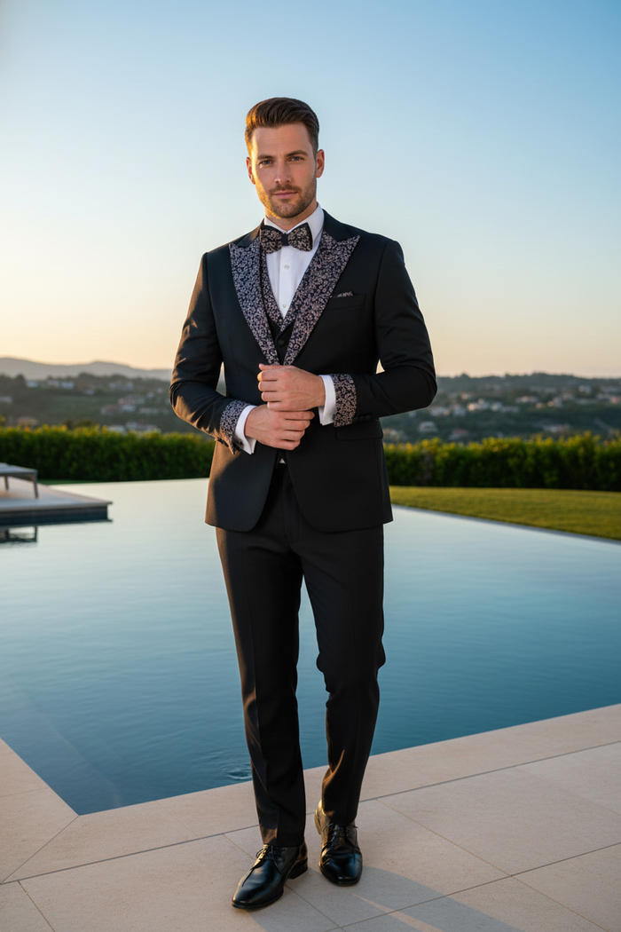 Men's Black and White Silver Embellished Tuxedo Suit + Bowtie 3-Piece Formal Wedding, Prom, and Gala Outfit by USA Men's Outlet