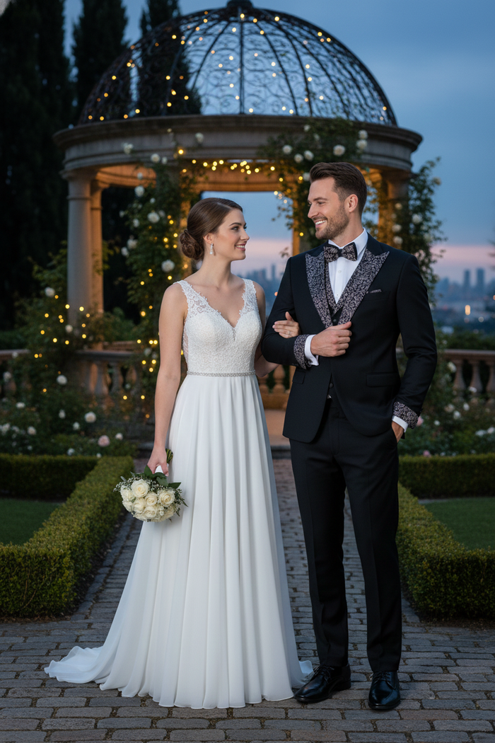 Men's Black and White Silver Embellished Tuxedo Suit + Bowtie 3-Piece Formal Wedding, Prom, and Gala Outfit by USA Men's Outlet