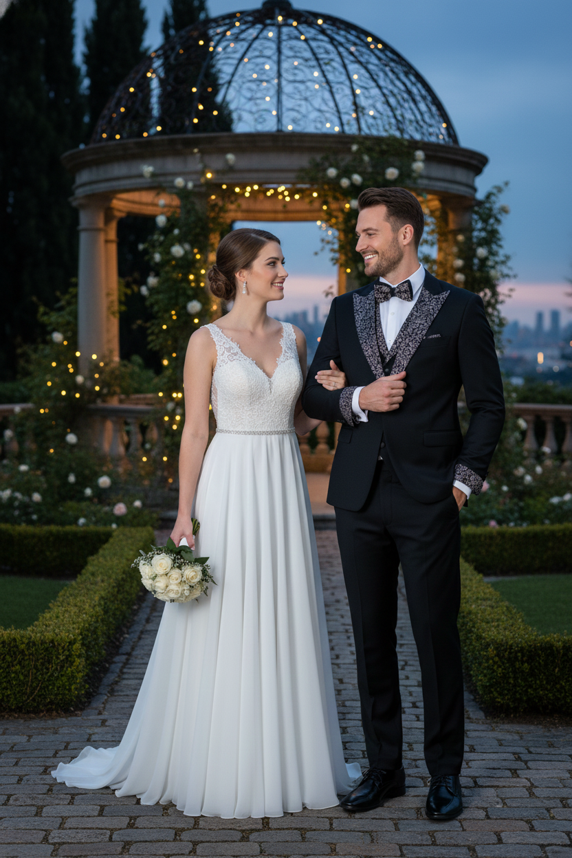 Men's Black and White Silver Embellished Tuxedo Suit + Bowtie 3-Piece Formal Wedding, Prom, and Gala Outfit by USA Men's Outlet