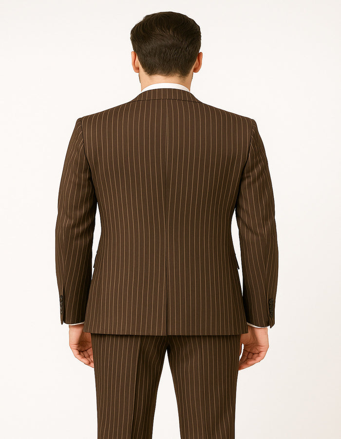 Men's Brown Pinstripe 3-Piece Suit with Matching Vest - Classic Fit Business and Formal Attire by USA Men's Outlet