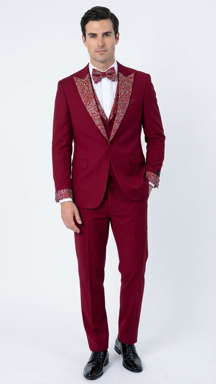Men's Burgundy and White Embellished Tuxedo Suit - Slim Fit 3-Piece Formal Wedding, Prom, and Gala Outfit by USA Men's Outlet