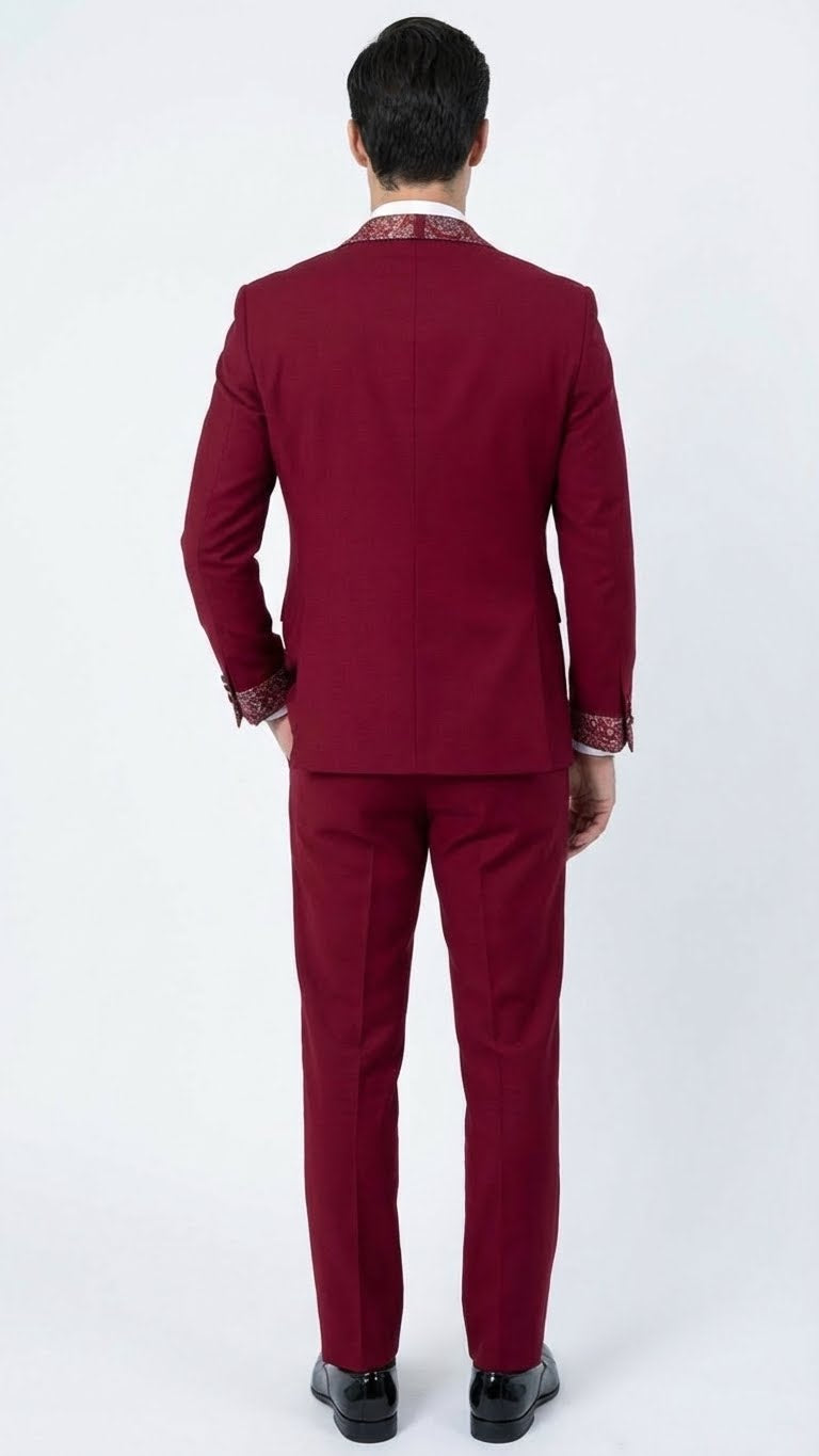Men's Burgundy and White Embellished Tuxedo Suit – Slim Fit 3-Piece Formal Wedding, Prom, and Gala Outfit